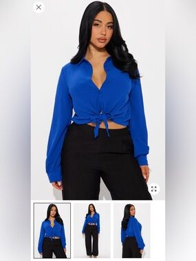 Blue Button-Up Tie-Front Women's Blouse